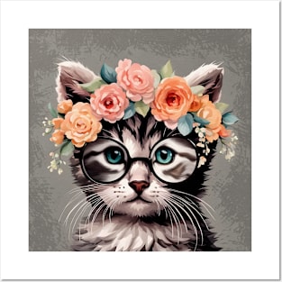 Tabby Kitty Cat Wearing Glasses Posters and Art